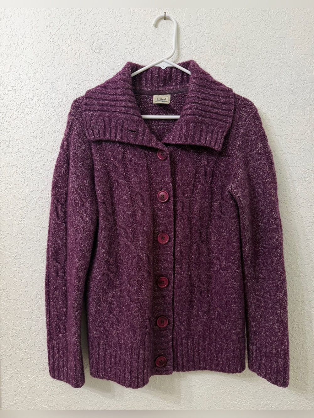 LL Bean - Wool Cable Knit Button Cardigan Sweater Shawl Collar - L
